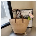 Natural straw tote bag with dark brown leather straps and vintage rivets for beach vacation - Khaki Without Silk Scarf