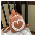 Brown mini PU leather backpack featuring heart lace trim and adjustable shoulder straps - Brown