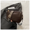 Dark brown cylindrical crossbody bag with trendy black and white geometric wide strap - Coffee