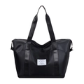 Expandable black nylon travel tote bag with large capacity and bottom shoe compartment - Black