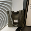 Bolso tote grande de lona a rayas verde oscuro con etiqueta de moda y correa para oficina - Verde