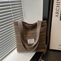 Large capacity striped canvas tote bag with shoulder straps and white patch detail - Brown