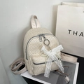 Cream straw backpack for women with delicate lace bow and pearl charm detail - Wheat Ear Pattern-Rice White