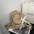 Summer woven straw backpack for women featuring pearl charms and white lace bow detail - Wheat Ear Pattern-Khaki