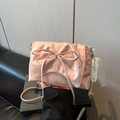 Pink pleated bow shoulder bag with pearl accents and delicate lace charm decoration - Pearlescent Pink