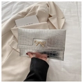 Silver crocodile pattern envelope clutch bag with golden metal bow decorative detail - Silver
