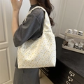 Bolso tote floral de lona para mujer con patrones de flores amarillas y correas anchas - Blanco Sin Colgante