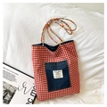 Plaid canvas tote bag with red and white checks, denim pocket and colorful rope handles - Large