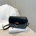 Minimalist black leather and striped fabric flap handbag with silver D-buckle lock - Black