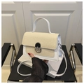 Dettaglio della borsa beige intrecciata con finiture in pelle bianca e fibbia - Bianco