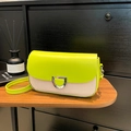 Fashionable lime green flap crossbody bag with silver D-ring lock and leather patchwork - Green