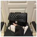 Classic black chevron quilted crossbody bag with metal twist lock and chain strap - Black