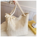 Straw beach tote bag in cream white with lace bow and thick rope handles for women - Off White