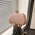 Pink evening clutch bag with textured fabric, rhinestone clasp and gold chain strap - Pink