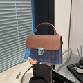 Braune und blaue PVC-Geleetasche mit Webgriff und Metalldetail am Verschluss - Braun