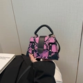 Pink snakeskin pattern small crossbody bag with black handles and gold rivets accents - Rose Red