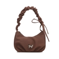 Brown canvas shoulder bag with pleated handle, metal butterfly logo and bow detail - Brown