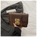 Dark brown faux crocodile leather crossbody bag with gold chain strap and square buckle - Coffee