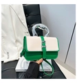Modern color-block square handbag in cream and green with a unique silver metal handle - Irregular Metal Handle (xmy5513) / Green