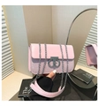 Detail of pink leather flap bag with silver CD buckle and elegant metal chain strap - Pink