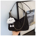 Minimalist black pleated hobo bag with a plush cloud charm and gold chain detail - Black With Rabbit Pendant