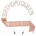 Rose gold Birthday Queen crown and sash set with rhinestones and glitter for party - One Size / Rose Gold Rainbow