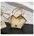 Large capacity woven tote bag in light beige with brown leather trim and silk scarf - Khaki