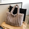 Vertical striped plush tote bag in light coffee brown with decorative spherical handles - Coffee
