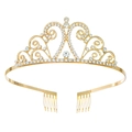 Detailed close-up of a gold bridal tiara with sparkling crystals and side hair combs - Gold White Zirconia