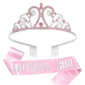 Set corona di compleanno con strass rosa e fascia in raso per accessori per feste - Taglia unica / Corona Strass Rosa e Fascia Rosa Testo Argento