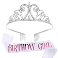 Set fascia rosa Birthday Girl e tiara in cristallo argento per festa di compleanno - Taglia unica / Corona Argento e Fascia Bianca Testo Rosa
