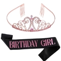 Ensemble couronne rose dorée avec strass et écharpe de fête noire Birthday Girl - Taille unique / Couronne Or Rose et Écharpe Noire Texte Rose