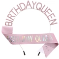 Pink Birthday Queen crystal crown headpiece and matching glitter sash set for women - One Size / Iridescent Pink
