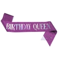 Glitter purple Birthday Queen sash with iridescent silver lettering and safety pin - One Size / Iridescent Purple
