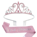 Ensemble écharpe rose Birthday Princess et diadème en cristal argenté pour fête - Taille unique / Couronne Rose + Écharpe Rose