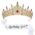 Set de corona dorada con cristales de colores y banda blanca Birthday Girl festiva - Conjunto Banda Tiara Multicolor JD017