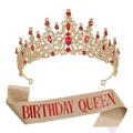 Set Birthday Queen con corona di strass rossi e fascia glitterata dorata per donna - Set Oro Rosso Birthday Queen