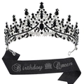 Birthday Queen set with silver crystal crown and black glitter sash for party decor - Silver Black Rhinestone + Black Glitter Sash