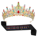 Conjunto de corona de cristales multicolor y banda de satén negra Birthday Queen - Conjunto Banda Tiara Negro Multicolor JD054
