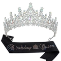 Set Birthday Queen con corona di cristallo e fascia nera glitterata per feste di compleanno - Corona con Strass AB e Fascia Nera Glitterata con Strass AB
