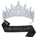 Set aus silberner Strasskrone und schwarzer Glitzerschärpe mit Birthday Girl Aufschrift - Birthday Girl Silber Tiara + Schwarze Glitzer Schärpe