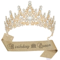 Dettaglio della tiara con strass luccicanti e fascia dorata Birthday Queen da donna - Corona d'Oro E Fascia Glitter Oro