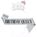 Set cerchietto Birthday Queen con strass e fascia glitterata argento per compleanni - Taglia unica / Strass Argento e Rosa + Fascia Argento Testo Nero