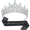 Set aus Geburtstags-Tiara mit Strasssteinen und schwarzer Schärpe für Partys - Birthday Girl AB Steine Tiara + Schwarze Satin Schärpe