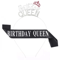 Birthday Queen set featuring a sparkling rhinestone tiara and black satin shoulder sash - One Size / Silver Tone Rose Red Rhinestone + Black Sash White Text