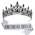 Black rhinestone birthday crown and silver sequin sash with Birthday Bitch text - Black + Glitter Sash (BITCH)