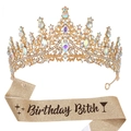 Sparkling gold birthday tiara and glitter sash set with Birthday Bitch lettering - Gold AB Rhinestone + Glitter Sash (Bitch)