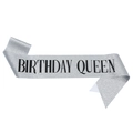 Sparkling silver glitter Birthday Queen sash with bold black lettering for party girls - One Size / Silver With Black Text