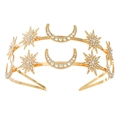 Serre-tête couronne doré double couche avec lune et étoiles en cristal pour mariée - Serre-tête Lune Étoile Double Couche (FG195)