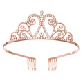 Elegant rose gold tiara with white crystals and side combs for secure wedding styling - Rose Gold/White Zirconia
